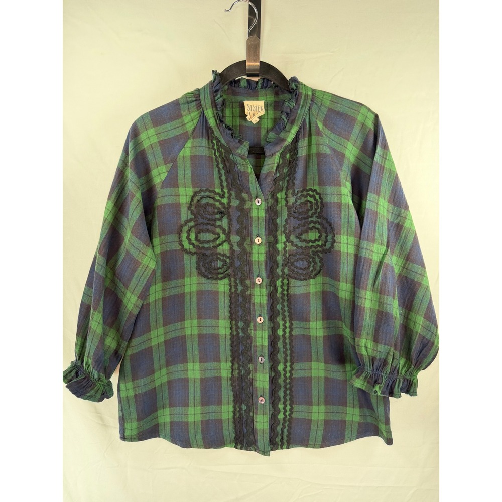 Sister Mary Green Navy Plaid Ric Rac Embroidered Ruffle Neck Blouse Small